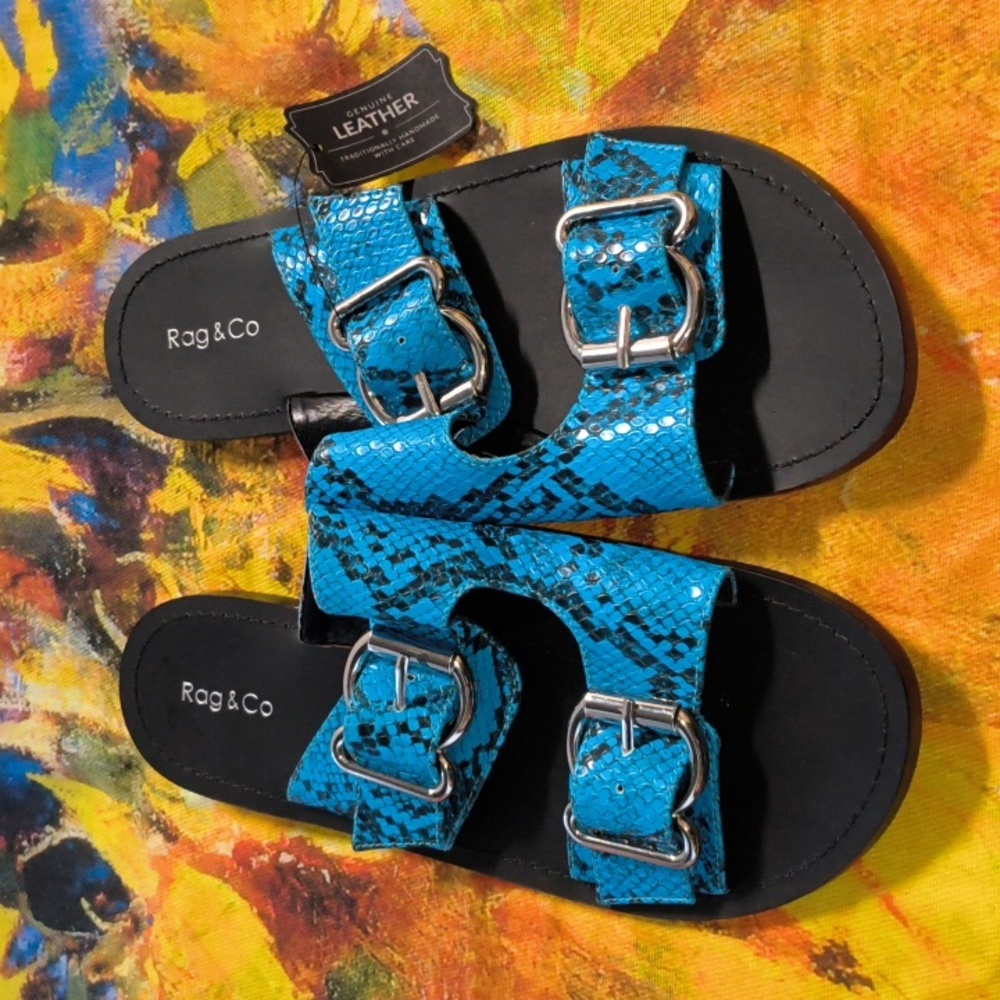 Rag & Co Kelly Blue Flat Sandal with Buckle Straps US9 UK 7 EU 40